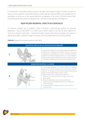 356
AIEPI - Libro Clínico
3 - Evaluar y clasificar el niño de dos meses a cinco años
A continuación se describirá toda la secuencia de pasos que requieren todos los bebés al nacer: los
sanos y los que requieren reanimación básica, la cual se rige por la guía de ABR, y para aquellos que no
responden, se continúa con las recomendaciones presentadas en las Guías 2.010 de American Heart
Association para la Resucitación Cardiopulmonar y Atención Cardiovascular de Emergencia.
ADAPTACIÓN NEONATAL: PRÁCTICAS ESENCIALES
Las prácticas avaladas por la evidencia sobre el binomio madre-neonato facilitan los procesos
adaptativos. Aquí se describirán en el orden que se deben realizar en el caso de parto vaginal y el
neonato no requerir reanimación. Cuando el neonato requiere reanimación avanzada, estos pasos se
alteran, pero deben realizarse en algún momento, cuando el estado del recién nacido lo permita.
Tabla 46. Adaptación neonatal: practicas esenciales
DESPUÉS DEL PARTO SE SECA AL RECIÉN NACIDO DE INMEDIATO
1
El secado de la cabeza y la cara se debe realizar inmediatamente
después de la expulsión de la cabeza, mientras el tórax aún
permanece en el canal del parto. Una vez culminado el periodo
expulsivo se procede al secado general y se coloca al bebé en
posición prona sobre el abdomen de la madre, cubriéndolo con
una frazada o toalla tibia y seca para evitar la pérdida de calor.
ADMINISTRAR OXITOCINA A LA MADRE
2
La hemorragia postparto es la mayor causa de mortalidad
materna en el mundo; contribuye con el 25% de las muertes
maternas. El manejo activo de la tercera etapa del parto para
prevenir la hemorragia materna incluye 3 pasos:
l Administración de un medicamento uterotónico:
Oxitocina 10 UI vía intramuscular a la madre. Esto evita la
atonía uterina.
l Retraso del pinzamiento del cordón, porque existe
evidencia sobre la facilidad de expulsión de una placenta
menos distendida.
l El masaje uterino y la vigilancia cada 15 minutos por las 2
primeras horas.
 