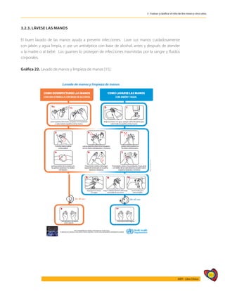 363
AIEPI - Libro Clínico
3 - Evaluar y clasificar el niño de dos meses a cinco años
3.2.3. LÁVESE LAS MANOS
El buen lavado de las manos ayuda a prevenir infecciones. Lave sus manos cuidadosamente
con jabón y agua limpia, o use un antiséptico con base de alcohol, antes y después de atender
a la madre o al bebé. Los guantes lo protegen de infecciones trasmitidas por la sangre y fluidos
corporales.
Gráfica 22. Lavado de manos y limpieza de manos [15].
 