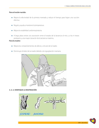 373
AIEPI - Libro Clínico
3 - Evaluar y clasificar el niño de dos meses a cinco años
Para el recién nacido:
l	Mejora la efectividad de la primera mamada y reduce el tiempo para lograr una succión
efectiva.
l	Regula y ayuda a mantener la temperatura.
l	Mejora la estabilidad cardiorrespiratoria.
l	A largo plazo existe una asociación entre el estado de la lactancia al mes y a los 4 meses
postparto y una mayor duración de la lactancia materna.
Para la madre:
l	Mejora los comportamientos de afecto y vínculo de la madre.
l Disminuye el dolor de la madre debido a la ingurgitación mamaria.
3. 3. 2. VERIFIQUE LA RESPIRACIÓN
 
