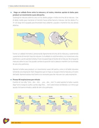 394
AIEPI - Libro Clínico
3 - Evaluar y clasificar el niño de dos meses a cinco años
l Haga un sellado firme entre la máscara y el rostro, mientras aprieta la bolsa para
producir un movimiento suave del pecho.
	 Sostenga la máscara sobre la cara con los dedos pulgar e índice encima de la máscara. Use
el dedo medio para mantener el mentón hacia arriba hacia la máscara. Use los dedos 4° y
5º a lo largo de la quijada para levantarla hacia delante y ayudar a mantener las vías aéreas
abiertas.
	 Forme un sellado hermético presionando ligeramente encima de la máscara y sosteniendo
suavemente el mentón hacia la máscara. Si el sellado no está hermético, no moverá aire a los
pulmones cuando apriete la bolsa. El aire escapará bajo el borde de la máscara. No empuje la
máscara sobre la cara. Esto puede cambiar la posición de la cabeza e interferir con la entrada
de aire a los pulmones.
	 Apriete la bolsa para producir un movimiento suave del pecho, como si el bebé estuviera
tomando una respiración fácil. Asegúrese que no haya un escape entre la máscara y el rostro
del bebé. Apriete la bolsa más fuerte si es necesario para dar más aire con cada respiración.
l Provea 40 respiraciones por minuto
	 Cuente en voz alta, “Uno…dos…tres… uno…dos…tres.” Si usted aprieta la bolsa cuando
diga “Uno”y luego la suelta cuando diga “Dos… tres”usted estará ventilando a un ritmo que
ayuda a la buena entrada y salida de aire a los pulmones.
 