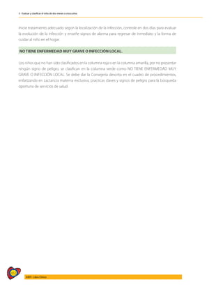 452
AIEPI - Libro Clínico
3 - Evaluar y clasificar el niño de dos meses a cinco años
Inicie tratamiento adecuado según la localización de la infección, controle en dos días para evaluar
la evolución de la infección y enseñe signos de alarma para regresar de inmediato y la forma de
cuidar al niño en el hogar.
NO TIENE ENFERMEDAD MUY GRAVE O INFECCIÓN LOCAL.
Los niños que no han sido clasificados en la columna roja o en la columna amarilla, por no presentar
ningún signo de peligro, se clasifican en la columna verde como NO TIENE ENFERMEDAD MUY
GRAVE O INFECCIÓN LOCAL. Se debe dar la Consejería descrita en el cuadro de procedimientos,
enfatizando en Lactancia materna exclusiva, practicas claves y signos de peligro para la búsqueda
oportuna de servicios de salud.
 
