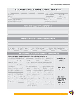 455
AIEPI - Libro Clínico
3 - Evaluar y clasificar el niño de dos meses a cinco años
ATENCIÓN INTEGRADA AL LACTANTE MENOR DE DOS MESES
FECHA:_____________MES:_________AÑO:_________HORA:__________N°HISTORIACLÍNICA:________________________
INSTITUCIÓN: __________________________________________________ COSULTA EXTERNA: _______ URGENCIAS: ______
MUNICIPIO: ____________________________________________________ CONSULTA INICIAL: _______ CONTROL: _______
NOMBRE: ______________________________________________________ FECHA DE NACIMIENTO:_________ SEXO (F) (M)
NOMBREDELACOMPAÑANTE:_____________________________________PARENTESCO:_____________________________
DIRECCIÓN (barrio o vereda):______________________________________TELÉFONO FIJO / CELULAR: ___________________
MOTIVO DE CONSULTA Y ENFERMEDAD ACTUAL:
_____________________________________________________________________________________________________
_____________________________________________________________________________________________________
_____________________________________________________________________________________________________
_____________________________________________________________________________________________________
ANTECEDENTES DE EMBARAZO PARTO DE IMPORTANCIA
_____________________________________________________________________________________________________
_____________________________________________________________________________________________________
_____________________________________________________________________________________________________
_____________________________________________________________________________________________________
PESO AL NACER: ____g. TALLA AL NACER: ______cm EDAD GESTACIONAL: ______Semanas. HEMOCLASIFICACIÓN: ______
PESO: actual _______g. TALLA: _______cm PC: _______cm FC: _____ /min FR: ______ /min T°:__________ºc
VERIFICAR SI TIENE UNA ENFERMEDAD MUY GRAVE O INFECCIÓN LOCAL
ENFERMEDAD
GRAVE
INFECCIÓN
LOCAL
NO TIENE
ENFERMEDAD
GRAVE NI
INFECCIÓN
LOCAL
¿Puede beber o tomar el pecho? -Se mueve solo al estímulo - Letárgico -¨Se ve o luce mal¨
SI___ NO___ - Irritable -Palidez - Cianosis
¿Ha tenido vómito? - Ictericia precoz o importante por clínica o bilirrubinas
SI___ NO___
¿Vomita todo?______________ -FR ≥ 60 o < 30 por min - FC >180 o < 100 por minuto
¿Tiene dificultad para respirar? - Apneas - Aleteo nasal - Quejido - Estridor
SI___ NO___ Explique: ______ -Sibilancia - Tiraje subcostal grave - Supuración de oído
_________________________ - Secreción purulenta conjuntival - Edema palpebral
¿Ha tenido fiebre? SI___NO___ - Pústulas o vesículas en piel: - Muchas o extensas
¿Ha tenido hipotermia? SI__ NO__ - Pocas y localizadas
¿Ha tenido convulsiones? SI__ NO__ -Secreción purulenta ombligo - Eritema periumbilcal
¿Cuántos pañales ha orinado en - Placas blanquecinas en la boca
las últimas 24 horas? _________ - Equimosis -Petequias -Hemorragia
- Distensión abdominal -Llenado capilar >3 seg.
- Fontanela abombada
EVALUAR Y CLASIFICAR AL LACTANTE MENOR DE 2 MESES DE EDAD
 