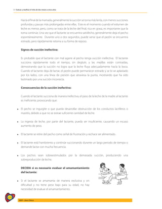 474
AIEPI - Libro Clínico
3 - Evaluar y clasificar el niño de dos meses a cinco años
	 Hacía el final de la mamada, generalmente la succión se torna más lenta, con menos succiones
profundas y pausas más prolongadas entre ellas. Este es el momento cuando el volumen de
leche es menor, pero, como se trata de la leche del final, rica en grasa, es importante que la
toma continúe. Una vez que el lactante se encuentra satisfecho, generalmente deja el pecho
espontáneamente. Durante uno o dos segundos, puede verse que el pezón se encuentra
estirado, pero rápidamente retorna a su forma de reposo.
	 Signos de succión inefectiva:
	
	 Es probable que el lactante con mal agarre al pecho tenga succión inefectiva. El lactante
succiona rápidamente todo el tiempo, sin deglutir, y las mejillas están contraídas,
demostrando que la succión no logra que la leche fluya adecuadamente hacía la boca.
Cuando el lactante deja de lactar, el pezón puede permanecer estirado y se lo ve aplastado
por los lados, con una línea de presión que atraviesa la punta, mostrando que ha sido
lastimado por una succión incorrecta.
	 Consecuencias de la succión inefectiva:
	
	 Cuando el lactante succiona de manera inefectiva, el paso de la leche de la madre al lactante
es ineficiente, provocando que:
l	 El pecho se ingurgite o que pueda desarrollar obstrucción de los conductos lactíferos o
mastitis, debido a que no se extrae suficiente cantidad de leche.
l	 La ingesta de leche, por parte del lactante, pueda ser insuficiente, causando un escaso
aumento de peso.
l	 El lactante se retire del pecho como señal de frustración y rechace ser alimentado.
l	 El lactante está hambriento y continúe succionando durante un largo periodo de tiempo o
demande lactar con mucha frecuencia.
l	Los pechos sean sobreestimulados por la demasiada succión, produciendo una
sobreproducción de leche.
	 DECIDA si es necesario evaluar el amamantamiento
del lactante:
l	 Si el lactante se amamanta de manera exclusiva y sin
dificultad y no tiene peso bajo para su edad, no hay
necesidad de evaluar el amamantamiento.
 
