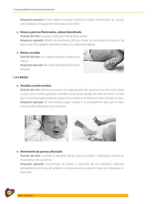 486
AIEPI - Libro Clínico
3 - Evaluar y clasificar el niño de dos meses a cinco años
	 Respuesta esperada: el niño deberá succionar el pecho o realizar movimientos de succión
con los labios y lengua al ser estimulado con el dedo.
l 	 Brazos y piernas flexionados, cabeza lateralizada
	 Posición del niño: acostado en decúbito dorsal (boca arriba)
	 Respuesta esperada: debido al predominio del tono flexor en esta edad, los brazos y las
piernas del niño deberán estar flexionados y su cabeza lateralizada.
l 	 Manos cerradas
	 Posición del niño: en cualquier posición observe sus
manos.
	 Respuesta esperada: las manos del bebé deben estar
cerradas.
1 A 2 MESES
l 	 Vocaliza o emite sonidos
	 Posición del niño: durante el examen, en cualquier posición, observe si el niño emite algún
sonido, como sonidos guturales o sonidos cortos de las vocales. No debe ser llanto. En caso
que no sea observado, pregunte a quien lo acompaña si el niño hace estos sonidos en casa.
	 Respuesta esperada: el niño produce algún sonido o el acompañante dice que lo hace,
entonces él ha alcanzado esta condición.
l 	 Movimiento de piernas alternado
	 Posición del niño: acostado en decúbito dorsal, sobre la camilla o colchoneta, observe los
movimientos de sus piernas.
	 Respuesta esperada: movimientos de flexión y extensión de los miembros inferiores,
generalmente en forma de pedaleo o entrecruzamiento, algunas veces con descargas en
extensión.
 