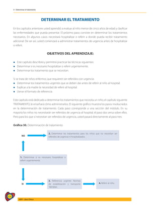 496
AIEPI - Libro Clínico
4 - Determinar el tratamiento
DETERMINAR EL TRATAMIENTO
En los capítulos anteriores usted aprendió a evaluar al niño menor de cinco años de edad y clasificar
las enfermedades que pueda presentar. El próximo paso consiste en determinar los tratamientos
necesarios. En algunos casos necesitará hospitalizar o referir a donde pueda recibir tratamiento
adicional. De ser así, usted comenzará a administrar tratamientos de urgencia antes de hospitalizar
o referir.
OBJETIVOS DEL APRENDIZAJE:
l Este capítulo describirá y permitirá practicar las técnicas siguientes:
l Determinar si es necesario hospitalizar o referir urgentemente.
l Determinar los tratamiento que se necesitan.
Si se trata de niños enfermos que requieren ser referidos con urgencia:
l	Determinar los tratamientos urgentes que se deben dar antes de referir al niño al hospital.
l Explicar a la madre la necesidad de referir al hospital.
l Llenar el formato de referencia.
Este capítulo está dedicado a determinar los tratamientos que necesita un niño; el capítulo siguiente
TRATAMIENTO, le enseñará cómo administrarlos. El siguiente gráfico muestra los pasos involucrados
en la determinación de tratamiento. Cada paso corresponde a una sección del módulo. En su
mayoría los niños no necesitarán ser referidos de urgencia al hospital, el paso dos versa sobre ellos.
Pero para los que sí necesitan ser referidos de urgencia, usted pasará directamente al paso tres.
Gráfica 30. Determinación de tratamiento
3. Referencia urgente: Normas
de estabilización y transporte
¨REFIERA¨.
NO
SI
2. Determinar los tratamientos para los niños que no necesitan ser
referidos de urgencia ni hospitalizados.
1. Determinar si es necesario hospitalizar o
referir urgentemente.
4. Referir al niño.
 