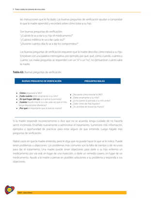 526
AIEPI - Libro Clínico
5 - Tratar a todos los menores de cinco años
las instrucciones que le ha dado. Las buenas preguntas de verificación ayudan a comprobar
lo que la madre aprendió y recordará sobre cómo tratar a su hijo.
	 Son buenas preguntas de verificación:
	 “¿Cuándo le va a dar a su hijo el medicamento?”
	 “¿Cuántos mililitros le va a dar cada vez?”
	 “¿Durante cuántos días le va a dar los comprimidos?”
	 Las buenas preguntas de verificación requieren que la madre describa cómo tratará a su hijo.
Empiezan con una palabra interrogativa, por ejemplo, por qué, qué, cómo, cuándo, cuántos y
cuánto. Las malas preguntas se responden con un “sí”o un “no”, no demuestran cuánto sabe
la madre.
Tabla 63. Buenas preguntas de verificación
BUENAS PREGUNTAS DE VERIFICACIÓN PREGUNTAS MALAS
l ¿Cómo preparará la SRO?
l ¿Cada cuánto debe amamantar a su niño?
l ¿En qué lugar del ojo va a aplicar la pomada?
l ¿Cuánto líquido más le va a dar cada vez que el niño
tenga deposiciones diarréicas?
l ¿Por qué es importante que se lave las manos?
l ¿Recuerda cómo mezclar la SRO?
l ¿Debe amamantar a su niño?
l ¿Le ha puesto la pomada a su niño antes?
l ¿Sabe cómo dar más líquidos?
l ¿Se acordará de lavarse las manos?
Si la madre responde incorrectamente o dice que no se acuerda, tenga cuidado de no hacerla
sentir incómoda. Enséñele nuevamente a administrar el tratamiento. Suministre más información,
ejemplos y oportunidad de practicar, para estar seguro de que entiende. Luego hágale más
preguntas de verificación.
Habrá casos en que la madre entienda, pero le diga que no puede hacer lo que se le indica. Puede
tener problemas u objeciones. Los problemas más comunes son la falta de tiempo o de recursos
para dar el tratamiento. Una madre puede tener objeciones para darle a su hijo enfermo un
medicamento por vía oral, en lugar de una inyección, o darle un remedio casero, en lugar de un
medicamento. Ayude a la madre a pensar en posibles soluciones a su problema y responda a sus
objeciones.
 