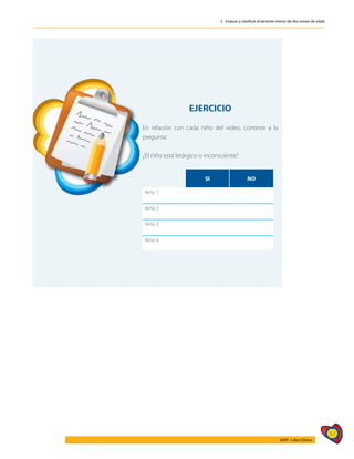 57
AIEPI - Libro Clínico
2 - Evaluar y clasificar al lactante menor de dos meses de edad
EJERCICIO
En relación con cada niño del video, conteste a la
pregunta:
¿El niño está letárgico o inconsciente?
	
SI NO
Niño 1
Niño 2
Niño 3
Niño 4
 