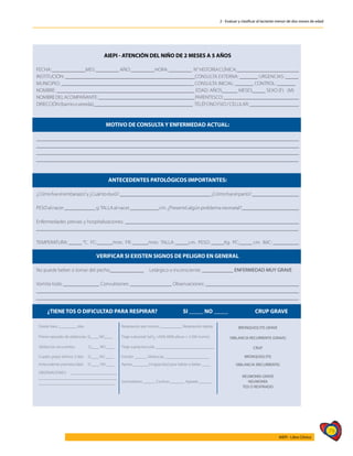 79
AIEPI - Libro Clínico
2 - Evaluar y clasificar al lactante menor de dos meses de edad
AIEPI - ATENCIÓN DEL NIÑO DE 2 MESES A 5 AÑOS
FECHA:_____________MES:_________ AÑO:_________HORA:_________ N° HISTORIACLÍNICA:________________________
INSTITUCIÓN: __________________________________________________CONSULTA EXTERNA: _______ URGENCIAS: _____
MUNICIPIO: ___________________________________________________ CONSULTA INICIAL: _______ CONTROL: _______
NOMBRE: _____________________________________________________ EDAD: AÑOS______ MESES_____ SEXO (F) (M)
NOMBREDELACOMPAÑANTE:_____________________________________PARENTESCO:_____________________________
DIRECCIÓN(barrioovereda):______________________________________ TELÉFONOFIJO/CELULAR:___________________
MOTIVO DE CONSULTA Y ENFERMEDAD ACTUAL:
_____________________________________________________________________________________________________
_____________________________________________________________________________________________________
_____________________________________________________________________________________________________
_____________________________________________________________________________________________________
ANTECEDENTES PATOLÓGICOS IMPORTANTES:
¿Cómofueelembarazo?y¿Cuántoduró?___________________________________¿Cómofueelparto?__________________
PESOalnacer____________g.TALLAalnacer___________cm.¿Presentóalgúnproblemaneonatal?______________________
Enfermedades previas y hospitalizaciones: ___________________________________________________________________
_____________________________________________________________________________________________________
TEMPERATURA: _____ °C. FC:______/min. FR: ______/min. TALLA: _____cm. PESO: _____Kg. PC:_____ cm. IMC: __________
VERIFICAR SI EXISTEN SIGNOS DE PELIGRO EN GENERAL
No puede beber o tomar del pecho_____________ Letárgico o inconsciente: ____________ ENFERMEDAD MUY GRAVE
Vomita todo ______________ Convulsiones: ________________ Observaciones: ____________________________________
_____________________________________________________________________________________________________
_____________________________________________________________________________________________________
¿TIENE TOS O DIFICULTAD PARA RESPIRAR? SI _____ NO _____ CRUP GRAVE
Desde hace _________ días. Respiración por minuto ___________ Respiración rápida BRONQUIOLITIS GRAVE
Primer episodio de sibilancias: SI____ NO____ Tiraje subcostal SaO2 <92% (90% altura > 2.500 msnm) SIBILANCIA RECURRENTE (GRAVE)
Sibilancias recurrentes: SI____ NO ____ Tiraje supraclavicular _____________________________ CRUP
Cuadro gripal últimos 3 días SI____ NO ____ Estridor ______ Sibilancias ______________________ BRONQUIOLITIS
Antecedente prematuridad: SI ____ NO ____ Apnea ________Incapacidad para hablar o beber ____ SIBILANCIA (RECURRENTE)
OBSERVACIONES: _______________________
______________________________________
______________________________________ Somnoliento ______ Confuso _______ Agitado ______
NEUMONÍA GRAVE
NEUMONÍA
TOS O RESFRIADO
 