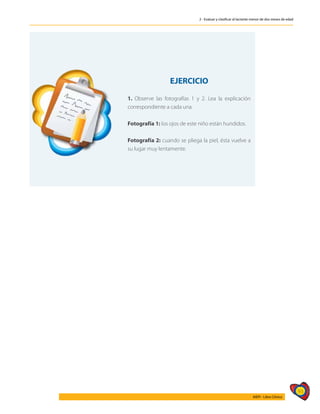 93
AIEPI - Libro Clínico
2 - Evaluar y clasificar al lactante menor de dos meses de edad
EJERCICIO
1. Observe las fotografías 1 y 2. Lea la explicación
correspondiente a cada una.
Fotografía 1: los ojos de este niño están hundidos.
Fotografía 2: cuando se pliega la piel, ésta vuelve a
su lugar muy lentamente.
 