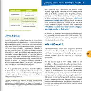 Aprender y educar con las tecnologías del siglo XXI


          Tiempo de adopción               Tecnologías
                                                                             Para conseguir libros electrónicos en idiomas como
                                                                             español, inglés, galés, portugués, italiano, francés, entre
                                         Libro electrónico
             Un año o menos                                                  otros, y de temas variados como biografías, ciencias,
                                         Informática móvil                   cocina, economía, ficción, historia, literatura, política,
                                       Realidad aumentada                    religión, sociología, se pueden buscar en http://www.
              Dos a tres años
                                  Aprendizaje basado en juegos
                                                                             ibubok.com/?module=libros. Debe tenerse en cuenta
                                                                             si los libros son gratuitos o comprados. En esta otra
                                   Informática basada en gestos
            Cuatro a cinco años                                              página también es posible encontrar libros electrónicos:
                                     Analíticas de aprendizaje               http://libroselectronicos.wordpress.com/category/
                                                                             tecnologia-para-libros-electronicos/
Tabla 1. Tecnologías emergentes y tiempo de adopción1.

                                                                             La variedad de sitios para conseguir libros electrónicos es
Libros digitales                                                             muy grande, basta con ingresar en algún browser la eti-
                                                                             queta “libros electrónicos” y se desplegarán cantidades de
Estos ofrecen grandes ventajas hoy en día. En primer lugar,                  sitios que usted puede visitar.
la diversidad de temas que se pueden encontrar así como
la facilidad para añadirles multimedia, hipertexto, sonido,                  Informática móvil
video, texto, por entre otros; en segundo lugar se encuen-
tran los dispositivos móviles a través de los cuales los li-                 Actualmente es muy común entre los jóvenes el uso de
bros electrónicos pueden ser consultados, tales como los                     dispositivos móviles, estos hacen parte de una de las
Smarthphones, iPad, computadores portátiles, entre otros.                    tecnologías emergentes más utilizadas y que ofrecen
Aunque las barreras para masificar los libros electrónicos
                                                                             grandes ventajas para los procesos de enseñanza-
                                                                                                                                              41
han ido desapareciendo, aún persisten algunas dificulta-
                                                                             aprendizaje.
des como la disponibilidad de libros solo para algunas pla-
taformas, el idioma, y las complicaciones para obtener un
                                                                             Uno de los usos que se está dando a este tipo de
libro de un país a otro debido a las diversas legislaciones
sobre derechos de autor en formatos digitales.                               tecnología es el auto-estudio, donde los aprendices tienen
                                                                             la posibilidad de estudiar, solucionar ejercicios, ver videos,
Una de las grandes ventajas que tiene el uso de los libros                   referenciar información, realizar prácticas y laboratorios,
electrónicos es la interactividad, el trabajo colaborativo y la              a través de los dispositivos. Además por el fácil uso de
multimodalidad, que permiten la interacción táctil, gestual                  este tipo de aparatos, no se requiere de una formación
y auditiva a través de dispositivos, entre estudiantes o                     previa para su manejo. Las redes sociales y los dispositivos
entre profesores y alumnos.                                                  móviles son medios que han permitido la interacción entre
                                                                             los seres humanos; es así que docente y alumno pueden
1
  La tabla es resultado de la adaptación del texto: “Resumen Informe
HORIZON 2011 Enseñanza Universitaria. Instituto de Tecnologías Educativas    comunicarse en el momento que deseen, permitiendo al
Departamento de Proyectos Europeos 11 de marzo 2011. Consultado en           profesor evaluar en iguales circunstancias, con solo contar
http://recursostic.educacion.es/blogs/europa/media/blogs/europa/informes/
Informe_Horizon_ITE_marzo_2011.pdf el 10 de enero de 2012.                   con acceso a una red.
 