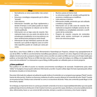 Blogs Wikis
•	 Normalmente un único autor/editor más comen-
tarios.
•	 Estructura cronológica empezando por la última
“entrada”.
•	 Links externos.
•	 Información inestable, que fluye rápidamente y
donde el tiempo a corto plazo puede ser impor-
tante o muy importante en relación con la infor-
mación publicada.
•	 Información con un bajo coste de creación. Nor-
malmente basta con una sesión de edición de la
entrada para completarla, no es muy extenso y no
tiene ramificaciones jerárquicas (texto lineal).
•	 Información de tipo individual, ausencia de cola-
boración, aun cuando en algunos casos un conte-
nido específico puede ser creado por varias per-
sonas.
•	 Muchos autores al mismo nivel.
•	 La estructura puede ser variada sustituyendo las
versiones a medida que se modifican.
•	 Links externos e internos.
•	 Información estable, previendo que será utilizada
a mediano y largo plazo.
•	 Información con un alto coste de creación. Nor-
malmente se requieren múltiples sesiones de edi-
ción debido a su complejidad, extensión o ramifi-
cación de los contenidos.
•	 Proyecto de creación conjunta de contenidos
donde varios autores construyen un producto
único con estructura propia.
Suzie Boss y Jane Krauss (2008 en su libro Reinventando el Aprendizaje por Proyectos, esbozan muy apropiadamente el
uso de las Wikis: “un Wiki es una herramienta maravillosa para planear y construir con otros. Organice el sitio para que se
adapte a la estructura de su proyecto, luego invite a otros a escribir con usted. LosWikis casi nunca son el mejor medio para
publicar un borrador final. Piense en el Wiki más bien como si fuera un cuarto de trabajo y en el Blog o en la página Web,
como sitio de exhibición”. Lo interesante es que el blog y la Wiki pueden ser utilizados para un mismo proyecto.
¿Cómo publicar?
Para publicar en una Wiki el usuario no necesita conocimientos tecnológicos de avanzada. Simplemente pulsa sobre
“editar”en la página a la que quiere adicionar información y escribir. Si quiere utilizar algún formato especial puede utilizar
los botones situados en el área de texto.
Para estar informado de cualquier actualización puede sindicar el contenido con un programa que agregue“feeds”(canal o
fuente de información). Sindicar es el proceso mediante el cual los usuarios obtienen el contenido de estos“feeds”. Cuando
se encuentra la frase“Sindicar este contenido”es como si se estuvieran diciendo:“Hola, este contenido puede llegar a ti de
forma fácil y rápida”.
Sin embargo, es importante tener en cuenta que al añadir contenido en la red, es responsabilidad del editor que esta quede
publicada bajo la licencia Atribución 2.0 de Creative Commons, que permite copiar, distribuir y comunicar públicamente la
obra, referenciarla y hacer un uso comercial del contenido, siempre y cuando se reconozca y cite el autor original.
106
Click para volver a la
Tabla de contenidos
Cap 3 - 3.1Herramientas colaborativas para la enseñanza usando tecnologías web
 