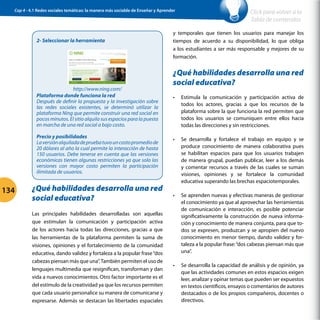 ¿Qué habilidades desarrolla una red
social educativa?
Las principales habilidades desarrolladas son aquellas
que estimulan la comunicación y participación activa
de los actores hacia todas las direcciones, gracias a que
las herramientas de la plataforma permiten la suma de
visiones, opiniones y el fortalecimiento de la comunidad
educativa, dando validez y fortaleza a la popular frase“dos
cabezas piensan más que una”.También permiten el uso de
lenguajes multimedia que resignifican, transforman y dan
vida a nuevos conocimientos. Otro factor importante es el
del estímulo de la creatividad ya que los recursos permiten
que cada usuario personalice su manera de comunicarse y
expresarse. Además se destacan las libertades espaciales
y temporales que tienen los usuarios para manejar los
tiempos de acuerdo a su disponibilidad, lo que obliga
a los estudiantes a ser más responsable y mejores de su
formación.
¿Qué habilidades desarrolla una red
social educativa?
•	 Estimula la comunicación y participación activa de
todos los actores, gracias a que los recursos de la
plataforma sobre la que funciona la red permiten que
todos los usuarios se comuniquen entre ellos hacia
todas las direcciones y sin restricciones.
•	 Se desarrolla y fortalece el trabajo en equipo y se
produce conocimiento de manera colaborativa pues
se habilitan espacios para que los usuarios trabajen
de manera grupal, puedan publicar, leer a los demás
y comentar recursos a través de las cuales se suman
visiones, opiniones y se fortalece la comunidad
educativa superando las brechas espaciotemporales.
•	 Se aprenden nuevas y efectivas maneras de gestionar
el conocimiento ya que al aprovechar las herramientas
de comunicación e interacción, es posible potenciar
significativamente la construcción de nueva informa-
ción y conocimiento de manera conjunta, para que to-
dos se expresen, produzcan y se apropien del nuevo
conocimiento en menor tiempo, dando validez y for-
taleza a la popular frase:“dos cabezas piensan más que
una”.
•	 Se desarrolla la capacidad de análisis y de opinión, ya
que las actividades comunes en estos espacios exigen
leer, analizar y opinar temas que pueden ser expuestos
en textos científicos, ensayos o comentarios de autores
destacados o de los propios compañeros, docentes o
directivos.
2- Seleccionar la herramienta
http://www.ning.com/
Plataforma donde funciona la red
Después de definir la propuesta y la investigación sobre
las redes sociales existentes, se determinó utilizar la
plataforma Ning que permite construir una red social en
pocos minutos. El sitio alquila sus espacios para la puesta
en marcha de una red social a bajo costo.
Precio y posibilidades
Laversiónalquiladadepruebatuvouncostopromediode
20 dólares al año la cual permite la interacción de hasta
150 usuarios. Debe tenerse en cuenta que las versiones
económicas tienen algunas restricciones ya que solo las
versiones con mayor costo permiten la participación
ilimitada de usuarios.
134
Click para volver a la
Tabla de contenidos
Cap 4 - 4.1 Redes sociales temáticas: la manera más sociable de Enseñar y Aprender
 