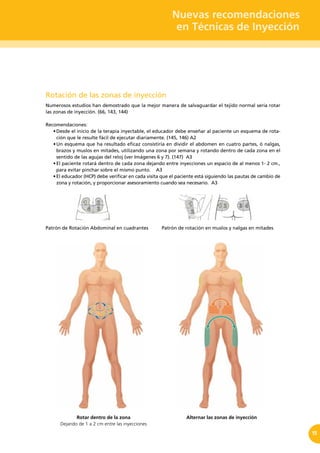 Nuevas recomendaciones
en Técnicas de Inyección
15
Rotación de las zonas de inyección
Numerosos estudios han demostrado que la mejor manera de salvaguardar el tejido normal sería rotar
las zonas de inyección. (66, 143, 144)
Recomendaciones:
•	Desde el inicio de la terapia inyectable, el educador debe enseñar al paciente un esquema de rota-
ción que le resulte fácil de ejecutar diariamente. (145, 146) A2
•	Un esquema que ha resultado eficaz consistiría en dividir el abdomen en cuatro partes, ó nalgas,
brazos y muslos en mitades, utilizando una zona por semana y rotando dentro de cada zona en el
sentido de las agujas del reloj (ver Imágenes 6 y 7). (147) A3
•	El paciente rotará dentro de cada zona dejando entre inyecciones un espacio de al menos 1- 2 cm.,
para evitar pinchar sobre el mismo punto. A3
•	El educador (HCP) debe verificar en cada visita que el paciente está siguiendo las pautas de cambio de
zona y rotación, y proporcionar asesoramiento cuando sea necesario. A3
Patrón de Rotación Abdominal en cuadrantes 	 Patrón de rotación en muslos y nalgas en mitades
Rotar dentro de la zona
Dejando de 1 a 2 cm entre las inyecciones
Alternar las zonas de inyección
 