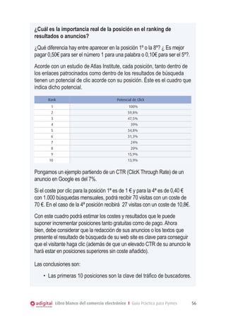 Libro blanco del comercio electrónico I Guía Práctica para Pymes 56
¿Cuál es la importancia real de la posición en el ranking de
resultados o anuncios?
¿Qué diferencia hay entre aparecer en la posición 1º o la 8º? ¿ Es mejor
pagar 0,50€ para ser el número 1 para una palabra o 0,10€ para ser el 5º?.
Acorde con un estudio de Atlas Institute, cada posición, tanto dentro de
los enlaces patrocinados como dentro de los resultados de búsqueda
tienen un potencial de clic acorde con su posición. Éste es el cuadro que
indica dicho potencial.
Rank Potencial de Click
1 100%
2 59,8%
3 47,5%
4 39%
5 34,8%
6 31,3%
7 24%
8 20%
9 15,9%
10 13,9%
Pongamos un ejemplo partiendo de un CTR (ClicK Through Rate) de un
anuncio en Google es del 7%.
Si el coste por clic para la posición 1ª es de 1 € y para la 4ª es de 0,40 €
con 1.000 búsquedas mensuales, podrá recibir 70 visitas con un coste de
70 €. En el caso de la 4ª posición recibirá 27 visitas con un coste de 10,8€.
Con este cuadro podrá estimar los costes y resultados que le puede
suponer incrementar posiciones tanto gratuitas como de pago. Ahora
bien, debe considerar que la redacción de sus anuncios o los textos que
presente el resultado de búsqueda de su web site es clave para conseguir
que el visitante haga clic (además de que un elevado CTR de su anuncio le
hará estar en posiciones superiores sin coste añadido).
Las conclusiones son:
•	 Las primeras 10 posiciones son la clave del tráfico de buscadores.
 