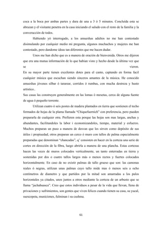 61
coca a la boca por ambas partes y dura de una a 3 ó 5 minutos. Concluída esta se
abrazan y el visitante penetra en la casa iniciando el saludo con el resto de la familia y la
converacción de todos.
Habiendo yó interrogado, a los amueshas adultos no me han contestado
disimulando por cualquier medio mi pregunta, algunos muchachos y mujeres me han
contestado, pero dandome ideas tan diferentes que me hacen dudar.
Unos me han dicho que es a manera de oración de bienvenida. Otros me dijeron
que era una mutua información de lo que habian visto y hecho desde la última vez que
se vieron.
En su mayor parte tienen excelentes dotes para el canto, captando en forma facil
cualquier música que escuchan siendo sinceros amantes de la música. He conocido
amueshas jóvenes silbar ó tararear, corridos ó rumbas, con mucha destreza y husto
artístico..
Sus casas las construyen generalmente en las lomas ó mesetas, cerca de alguna fuente
de agua ó pequeño torrente.
Utilizan cuatro ó seis postes de madera plantados en tierra que sostienen el techo
formados de hojas de la plama llamada “Chiquefuernich” con preferencia, pero pueden
prepararla de cualquier otra. Prefieren esta porque las hojas son mas largas, anchas y
abundantes, facilitandoles la labor i economizandoles, tiempo, material y esfuerzo.
Muchos preparan un puso a manera de desvan que les sirven como depósito de sus
útiles i propiuedad, otros preparan un cerco ó muro con tallos de palma especialmente
preparadas que denominan “chancadas”, q’ consisten en hacer en la corteza una serie de
cortes en dirección de la fibra, luego abrirla a manera de una plancha. Estas cortezas
hacen las veces de muros colocados verticalmente, un tanto enterradas en tierra y
sostenidas por dos o cuatro tallos largos más o menos rectos y fuertes colocados
horizontalmente. En caso de no existir palmas de tallo grueso que son: las camonas
reales ó negras, utilizan unas palmas cuyo tallo mide mas ó menos seis a ocho
centímetros de diametro y que partidos por la mitad son amarradas a los palos
horizontales ya citados, unos juntos a otros mediante la corteza de un arbusto que se
llama “jachahuasca”. Creo que estos individuos a pesar de la vida que llevan, llena de
privaciones y sufrimientos, son gentes que viven felices cuando tienen su casa, su yucal,
suescopeta, municiones, fulminan i su cushma.
 