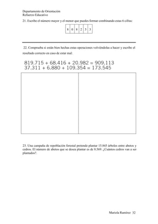 Mariola Ramírez 32
Departamento de Orientación
Refuerzo Educativo
21. Escribe el número mayor y el menor que puedes formar combinando estas 6 cifras:
8 0 8 2 5 3
22. Comprueba si están bien hechas estas operaciones volviéndolas a hacer y escribe el
resultado correcto en caso de estar mal:
23. Una campaña de repoblación forestal pretende plantar 15.845 árboles entre abetos y
cedros. El número de abetos que se desea plantar es de 8.569. ¿Cuántos cedros van a ser
plantados?.
 