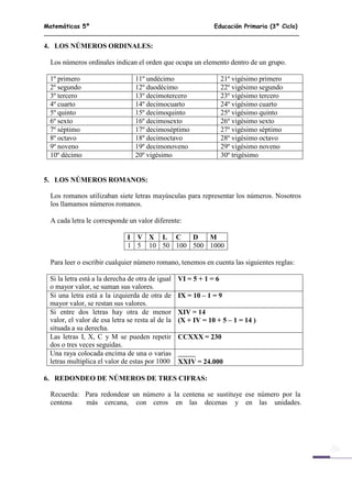 Matemáticas 5º Educación Primaria (3º Ciclo)
4
4. LOS NÚMEROS ORDINALES:
Los números ordinales indican el orden que ocupa un elemento dentro de un grupo.
1º primero 11º undécimo 21º vigésimo primero
2º segundo 12º duodécimo 22º vigésimo segundo
3º tercero 13º decimotercero 23º vigésimo tercero
4º cuarto 14º decimocuarto 24º vigésimo cuarto
5º quinto 15º decimoquinto 25º vigésimo quinto
6º sexto 16º decimosexto 26º vigésimo sexto
7º séptimo 17º decimoséptimo 27º vigésimo séptimo
8º octavo 18º decimoctavo 28º vigésimo octavo
9º noveno 19º decimonoveno 29º vigésimo noveno
10º décimo 20º vigésimo 30º trigésimo
5. LOS NÚMEROS ROMANOS:
Los romanos utilizaban siete letras mayúsculas para representar los números. Nosotros
los llamamos números romanos.
A cada letra le corresponde un valor diferente:
I V X L C D M
1 5 10 50 100 500 1000
Para leer o escribir cualquier número romano, tenemos en cuenta las siguientes reglas:
Si la letra está a la derecha de otra de igual
o mayor valor, se suman sus valores.
VI = 5 + 1 = 6
Si una letra está a la izquierda de otra de
mayor valor, se restan sus valores.
IX = 10 – 1 = 9
Si entre dos letras hay otra de menor
valor, el valor de esa letra se resta al de la
situada a su derecha.
XIV = 14
(X + IV = 10 + 5 – 1 = 14 )
Las letras I, X, C y M se pueden repetir
dos o tres veces seguidas.
CCXXX = 230
Una raya colocada encima de una o varias
letras multiplica el valor de estas por 1000 XXIV = 24.000
6. REDONDEO DE NÚMEROS DE TRES CIFRAS:
Recuerda: Para redondear un número a la centena se sustituye ese número por la
centena más cercana, con ceros en las decenas y en las unidades.
 