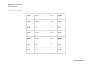 Departamento de Orientación
Refuerzo Educativo
Mariola Ramírez 40
32. Realiza estas operaciones:
3 x 4 = 9 x 2 = 2 x 8 = 9 x 5 = 6 x 5 =
5 x 5 = 8 x 3 = 1 x 8 = 7 x 6 = 5 x 7 =
2 x 2 = 5 x 3 = 5 x 5 = 4 x 9 = 2 x 8 =
3 x 3 = 7 x 2 = 7 x 9 = 5 x 9 = 3 x 6 =
4 x 5 = 6 x 6 = 5 x 2 = 8 x 0 = 4 x 9 =
1 x 6 = 4 x 4 = 9 x 9 = 7 x 7 = 5 x 8 =
6 x 2 = 7 x 8 = 8 x 8 = 1 x 1 = 6 x 9 =
 