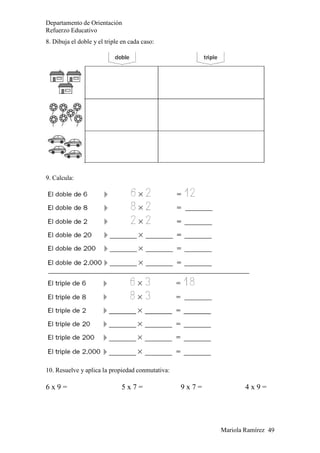Mariola Ramírez 49
Departamento de Orientación
Refuerzo Educativo
8. Dibuja el doble y el triple en cada caso:
9. Calcula:
10. Resuelve y aplica la propiedad conmutativa:
6 x 9 = 5 x 7 = 9 x 7 = 4 x 9 =
 