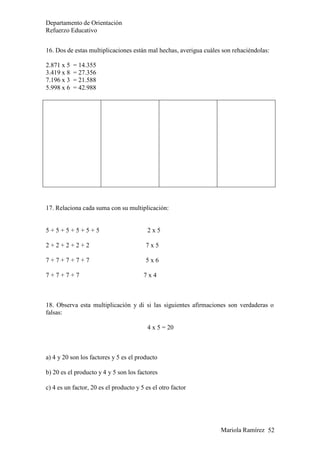 Departamento de Orientación
Refuerzo Educativo
Mariola Ramírez 52
16. Dos de estas multiplicaciones están mal hechas, averigua cuáles son rehaciéndolas:
2.871 x 5 = 14.355
3.419 x 8 = 27.356
7.196 x 3 = 21.588
5.998 x 6 = 42.988
17. Relaciona cada suma con su multiplicación:
5 + 5 + 5 + 5 + 5 + 5 2 x 5
2 + 2 + 2 + 2 + 2 7 x 5
7 + 7 + 7 + 7 + 7 5 x 6
7 + 7 + 7 + 7 7 x 4
18. Observa esta multiplicación y di si las siguientes afirmaciones son verdaderas o
falsas:
4 x 5 = 20
a) 4 y 20 son los factores y 5 es el producto
b) 20 es el producto y 4 y 5 son los factores
c) 4 es un factor, 20 es el producto y 5 es el otro factor
 