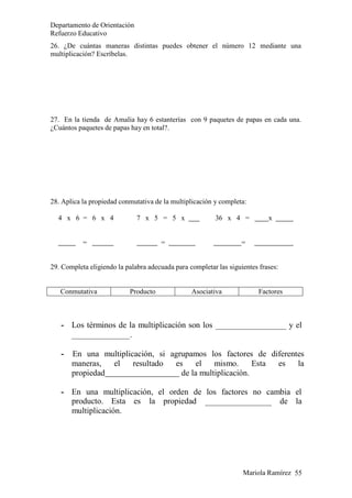 Departamento de Orientación
Refuerzo Educativo
Mariola Ramírez 55
26. ¿De cuántas maneras distintas puedes obtener el número 12 mediante una
multiplicación? Escríbelas.
27. En la tienda de Amalia hay 6 estanterías con 9 paquetes de papas en cada una.
¿Cuántos paquetes de papas hay en total?.
28. Aplica la propiedad conmutativa de la multiplicación y completa:
4 x 6 = 6 x 4 7 x 5 = 5 x 36 x 4 = x
= = =
29. Completa eligiendo la palabra adecuada para completar las siguientes frases:
Conmutativa Producto Asociativa Factores
- Los términos de la multiplicación son los
.
y el
- En una multiplicación, si agrupamos los factores de diferentes
maneras, el resultado es el mismo. Esta es la
propiedad de la multiplicación.
- En una multiplicación, el orden de los factores no cambia el
producto. Esta es la propiedad
multiplicación.
de la
 