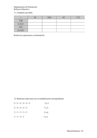 Mariola Ramírez 65
Departamento de Orientación
Refuerzo Educativo
11. Completa esta tabla:
Realiza las operaciones a continuación:
12. Relaciona cada suma con su multiplicación correspondiente:
5 + 5 + 5 + 5 + 5 + 5 2 x 5
2 + 2 + 2 + 2 + 2 7 x 5
7 + 7 + 7 + 7 + 7 5 x 6
7 + 7 + 7 + 7 7 x 4
 