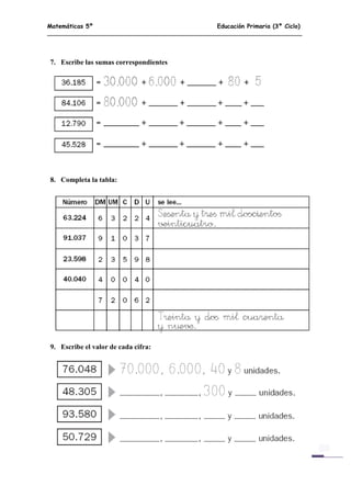 Matemáticas 5º Educación Primaria (3º Ciclo)
8
7. Escribe las sumas correspondientes
8. Completa la tabla:
9. Escribe el valor de cada cifra:
 