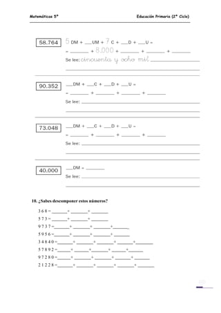 Matemáticas 5º Educación Primaria (2º Ciclo)
910. ¿Sabes descomponer estos números?
3 6 8 = + +
5 7 3 = + +
9 7 3 7 = + + + _
5 9 5 6 = + + +
3 4 8 4 0 = + + + +
5 7 8 9 2 = + + + +
9 7 2 8 0 = + + + +
2 1 2 2 8 = + + + +
 