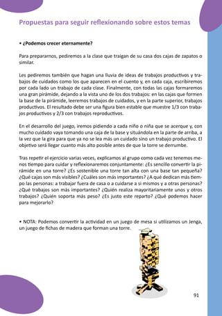 Propuestas para seguir reflexionando sobre estos temas

• ¿Podemos crecer eternamente?

Para prepararnos, pediremos a la clase que traigan de su casa dos cajas de zapatos o
similar.

Les pediremos también que hagan una lluvia de ideas de trabajos productivos y tra-
bajos de cuidados como los que aparecen en el cuento y, en cada caja, escribiremos
por cada lado un trabajo de cada clase. Finalmente, con todas las cajas formaremos
una gran pirámide, dejando a la vista uno de los dos trabajos: en las cajas que formen
la base de la pirámide, leeremos trabajos de cuidados, y en la parte superior, trabajos
productivos. El resultado debe ser una figura bien estable que muestre 1/3 con traba-
jos productivos y 2/3 con trabajos reproductivos.

En el desarrollo del juego, iremos pidiendo a cada niño o niña que se acerque y, con
mucho cuidado vaya tomando una caja de la base y situándola en la parte de arriba, a
la vez que la gira para que ya no se lea más un cuidado sino un trabajo productivo. El
objetivo será llegar cuanto más alto posible antes de que la torre se derrumbe.

Tras repetir el ejercicio varias veces, explicamos al grupo como cada vez tenemos me-
nos tiempo para cuidar y reflexionaremos conjuntamente: ¿Es sencillo convertir la pi-
rámide en una torre? ¿Es sostenible una torre tan alta con una base tan pequeña?
¿Qué cajas son más visibles? ¿Cuáles son más importantes? ¿A qué dedican más tiem-
po las personas: a trabajar fuera de casa o a cuidarse a si mismos y a otras personas?
¿Qué trabajos son más importantes? ¿Quién realiza mayoritariamente unos y otros
trabajos? ¿Quién soporta más peso? ¿Es justo este reparto? ¿Qué podemos hacer
para mejorarlo?


• NOTA: Podemos convertir la actividad en un juego de mesa si utilizamos un Jenga,
un juego de fichas de madera que forman una torre.




                                                                                  91
 
