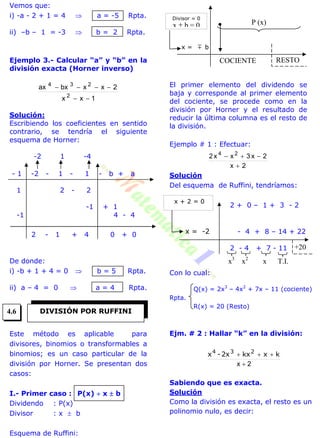 Vemos que:
i) -a - 2 + 1 = 4  a = -5 Rpta.
ii) –b – 1 = -3  b = 2 Rpta.
Ejemplo 3.- Calcular “a” y “b” en la
división exacta (Horner inverso)
1xx
2xxbxax
2
234


Solución:
Escribiendo los coeficientes en sentido
contrario, se tendría el siguiente
esquema de Horner:
-2 1 -4
- 1 -2 - 1 - 1 - b + a
1 2 - 2
-1 + 1
-1 4 - 4
2 - 1 + 4 0 + 0
De donde:
i) -b + 1 + 4 = 0  b = 5 Rpta.
ii) a – 4 = 0  a = 4 Rpta.
Este método es aplicable para
divisores, binomios o transformables a
binomios; es un caso particular de la
división por Horner. Se presentan dos
casos:
I.- Primer caso : P(x)  x  b
Dividendo : P(x)
Divisor : x  b
Esquema de Ruffini:
El primer elemento del dividendo se
baja y corresponde al primer elemento
del cociente, se procede como en la
división por Horner y el resultado de
reducir la última columna es el resto de
la división.
Ejemplo # 1 : Efectuar:
2x
2x3xx2 24


Solución
Del esquema de Ruffini, tendríamos:
2 + 0 – 1 + 3 - 2
- 4 + 8 – 14 + 22
2 - 4 + 7 - 11
Con lo cual:
Q(x) = 2x3
– 4x2
+ 7x – 11 (cociente)
Rpta.
R(x) = 20 (Resto)
Ejm. # 2 : Hallar “k” en la división:
2x 
 kxkx2x-x 234
Sabiendo que es exacta.
Solución
Como la división es exacta, el resto es un
polinomio nulo, es decir:
DIVISIÓN POR RUFFINI
COCIENTE RESTO
P (x)
x =  b
Divisor = 0
x  b = 0
+20
x = -2
x + 2 = 0
x3
x2
x T.I.
4.6
 