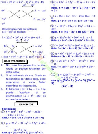 f (x) = 20 x4
+ 2x3
- 11x2
+ 19x -15
-6x2
-5x2
4x2
3 = 15x2
5x2
-5 =- 20x2
-
5x2
Descomponiendo en factores:
c2= - 6x2
se tendría:
f = 20x4
+ 2x3
- 11x2
+ 19x -15
-6x2
-5x2
4x2
-2x 3 = 15x2
5x2
3x -5= - 20x2
- 5x2
 f(x) = (4x2
– 2x + 3) (5x2
+3x – 5)
1. No todos los polinomios de 4to.
Grado se pueden factorizar por
doble aspa.
2. Si el polinomio de 4to. Grado es
factorizable por doble aspa, debe
observarse si cada factor
cuadrático es factorizable.
3. El trinomio : ax2
+ bx + c = 0 se
puede factorizar, si su
discriminante ( = b2
–4ac) es
un cuadrado perfecto.
Factorizar:
1. f = 30a2
– 6b2
– 14c2
– 28ab –
- 23ac + 25 bc
Rpta. f = (5a - 3b + 2c) (6a + 2b – 7c)
2. g = 21x2
– 37 xy2
+ 12y4
+ 48x
–
- 26 y2
+ 12
Rpta. g = (3x – 4y2
+ 6) (7x- 3y2
+2)
3. f = 20x2
+ 12y2
– 31xy + 2y – 2x
- 4
Rpta. f = (5x – 4y + 2) (4x – 3y
– 2)
4. g = 28a2
+ 6b2
– 12c2
– 29ab-10ac + 14
bc
Rpta. g = (4a - 3b + 2c) (7a - 2b – 6c)
5. f = 12x2
- 29xy + 15y2
+ 24 x –
40y
Rpta. f = (4x – 3y + 8) (3x – 5y)
6. g = 20x4
+ 9x3
- 20x2
+ 21 x - 6
Rpta. g = (4x2
– 3x + 2) (5x2
+ 6x – 3)
7. f = 20x4
+ 7x3
– 29x2
+ 23 x – 21
Rpta. f = (5x2
– 2x + 3) (4x2
+ 3x – 7)
8. g = 6x4
- 35x3
+ 62x2
- 35 x + 6
Rpta. g = (3x – 1) (x – 3) (2x – 1) (x- 2)
9. f = 20 x4n
+ 7x3n
– 19 x2n
+ 19xn
– 15
Rpta. f = (5x2n
– 2xn
+ 3) (4x2n
+ 3xn
–
5)
10. g = 120x4n
– 242x3n
+ 27x2n
+
+ 135 xn
– 54
Rpta. g = (3xn
– 2) (4xn
+ 3) (5xn
–
3)
(2xn
– 3)
OBSERVACIONES
EJERCICIOS
 