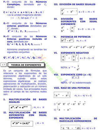 TEORIA DE EXPONENTES
am
. an
= am+n
am
.bm
= (a.b)m
F.- El conjunto de los Números
Complejos, denotado por C,
donde:
C =  x / x = a + b i ; a  b   
i es la unidad imaginaria donde:
i = 1 ; tal que: i2
= -1
G.-El conjunto de los Números
enteros positivos denotados por
Z+
, donde:
Z+
=  1 , 2 , 3 , ............ 
H.-El conjunto de los Números
Enteros positivos incluido el
cero, denotado por
Z0
+
=  0, 1, 2, 3, 4, 5, ........ 
Asimismo ampliando se tendrían los
siguientes conjuntos:
Q+
, +
, Q
-
, 
-
, 0
+
, 0
-
, Q0
-
, etc.
Es un conjunto de fórmulas que
relaciona a los exponentes de las
expresiones algebraicas de un solo
término, cuando entre estas
expresiones algebraicas se realizan
operaciones de multiplicación, división,
potenciación y radicación en un número
limitado de veces. Sus principales leyes
sobre el campo de los números reales
son:
I. MULTIPLICACIÓN DE BASES
IGUALES
; m, n  
II. MULTIPLICACIÓN DE BASES
DIFERENTES CON IGUAL
EXPONENTE
; m  
III. DIVISIÓN DE BASES IGUALES
nm
n
m
a
a
a 
 a  0  m  
IV. DIVISIÓN DE BASES
DIFERENTES CON IGUAL
EXPONENTE
m
m
m
b
a
b
a






 b  0  m  
V. POTENCIA DE POTENCIA
  n.mnm
aa  ; m, n  
NOTA: n.mm
aa
n
 ó nmm
)a(a
n

VI. EXPONENTE NEGATIVO
;
a
b
b
a
mm













a  0  b  0
NOTA: a
- m
= m
a
1
VII. EXPONENTE CERO (a  0)
a0
= 1
NOTA.- 00
es indeterminado
VIII. RAIZ DE UNA POTENCIA
;aa n
m
n m
 m, n  / n  0
i) n
q
n
p
n
m
n qpm
cbacba 
ii)
nn
1
aa 
IX. MULTIPLICACIÓN DE
RADICALES HOMOGENEOS
nnn
abba  ; n  / n  0
1.7
 