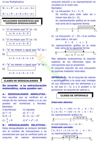 ii) Ley Multiplicativa
Si : c  R+
 a  b  a c  b c
Si : c  R-
 a  b  b c  a c
1.- “a” es menor que “b” (a  b)
a  b  a – b  0
2.- “a” es mayor que “b” (a  b)
a  b  a – b  0
3.- “a” es mayor o igual que “b” (a 
b)
a  b  a  b  a = b
4.- “a” es menor o igual que “b” (a 
b)
a  b  a  b  a = b
De acuerdo a su estructuración
matemática, estas pueden ser:
A.- DESIGUALDADES ABSOLUTAS.-
Son aquellas que se verifican en el
campo de los números reales y a su vez
pueden ser numéricas o literales.
Ejemplos:
i) Numéricas ii) Literales
a) 7  0 a) x2
 -2
b) 9  2 b) –5  (x – 2)4
c) -
3
2
 0 c) x6
+ y6
 0
B.- DESIGUALDADES RELATIVAS.-
Estas desigualdades se conocen también
con el nombre de inecuaciones y se
caracterizan por que se verifican para un
conjunto de valores denominados
conjunto solución y su representación se
visualiza en la recta real.
Ejemplos:
a) La inecuación: 4 x – 3  5
Se verifica para todo valor de x
mayor que dos (x  2)
Su representación gráfica en la recta
real sería de la siguiente forma:
b) La inecuación: x2
– 25  0 se verifica
para todo x, tal que:
X  -5  x  5
Su representación gráfica en la recta
real, seria de la siguiente forma:
Más adelante analizaremos la solución
explícita de los diferentes tipos de
inecuaciones que se presentan.
El conjunto solución de una inecuación
se expresa mediante intervalos.
INTERVALO.- Es el conjunto de valores
x pertenecientes a la recta real, limitado
en sus extremos por los elementos a y
b, tal que a  b; a y b pueden o no
pertenecer al conjunto de valores x.
Intervalo abierto:
i.  a ; b  =  x/a  x  b ; a  b 
ii. ] a ; b [ =  x/a  x  b ; a  b 
Su representación gráfica es:
el cual expresa: x   a ; b 
Intervalo cerrado:
[ a , b ] =  x / a  x  b ; a  b 
su representación gráfica es:
RELACIONES MATEMÁTICAS QUE
EXPRESAN DESIGUALDADES
CLASES DE DESIGUALDADES
CLASES DE INTERVALO
- +0 2
-5 5 +0-
+0 a b-
+0a b-
a  x  b
x  -5  x  5
a  x  b
 