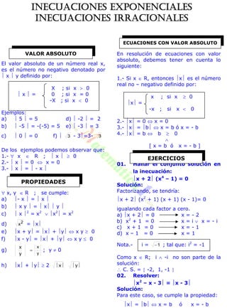 El valor absoluto de un número real x,
es el número no negativo denotado por
 x  y definido por:
X ; si x  0
 x  = 0 ; si x = 0
-X ; si x  0
Ejemplos:
a)  5  = 5 d)  -2  = 2
b)  -5  = -(-5) = 5 e)  -3  = 3
c)  0  = 0 f)  3 - 3=3- 3
De los ejemplos podemos observar que:
1.-  x  R ;  x   0
2.-  x  = 0  x = 0
3.-  x  =  - x 
 x, y  R ; se cumple:
a) - x  =  x 
b)  x y  =  x  y 
c)  x 2
= x2
 x2
 = x2
d) 2
x = x
e) x + y = x + y  x y  0
f) x - y = x + y  x y  0
g)
y
x
y
x
 ; y  0
h) x + y  2  yx
En resolución de ecuaciones con valor
absoluto, debemos tener en cuenta lo
siguiente:
1.- Si x  R, entonces x es el número
real no – negativo definido por:
x ; si x  0
x =
-x ; si x  0
2.- x = 0  x = 0
3.- x = b  x = b ó x = - b
4.- x = b  b  0

[ x = b ó x = - b ]
01. Hallar el conjunto solución en
la inecuación:
x + 2 (x4
– 1) = 0
Solución:
Factorizando, se tendría:
x + 2 (x2
+ 1) (x + 1) (x - 1)= 0
igualando cada factor a cero.
a) x + 2 = 0 x = - 2
b) x2
+ 1 = 0 x = i  x = - i
c) x + 1 = 0 x = - 1
d) x – 1 = 0 x = 1
Nota.- i = 1 ; tal que: i2
= -1
Como x  R; i  -i no son parte de la
solución:
 C. S. =  -2, 1, -1 
02. Resolver:
x2
– x - 3 = x - 3
Solución:
Para este caso, se cumple la propiedad:
x = b  x = b ó x = - b
VALOR ABSOLUTO
PROPIEDADES
ECUACIONES CON VALOR ABSOLUTO
EJERCICIOS
INECUACIONES EXPONENCIALES
INECUACIONES IRRACIONALES
 