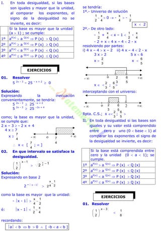 I. En toda desigualdad, si las bases
son iguales y mayor que la unidad,
al comparar los exponentes, el
signo de la desigualdad no se
invierte, es decir:
Si la base es mayor que la unidad
(a  1) ; se cumple:
1º aP(x)
 a Q(x)
 P (x)  Q (x)
2º aP(x)
 a Q(x)
 P (x)  Q (x)
3º aP(x)
 a Q(x)
 P (x)  Q (x)
4º aP(x)
 a Q(x)
 P (x)  Q (x)
01. Resolver
5 2x – 3
– 25 – x + 2
 0
Solución:
Expresando la inecuación
convenientemente, se tendría:
5 2x – 3
 25 –x + 2
5 2x – 3
 25 –2x + 4
como; la base es mayor que la unidad,
se cumple que:
2 x – 3  - 2 x + 4
4 x  7
x 
4
7
 x  [
4
7
;  ]
02. En que intervalo se satisface la
desigualdad.
1x
2
1








12
x
2

Solución:
Expresando en base 2
2
-  x - 1
 2
1
4
x
2

como la base es mayor que la unidad:
- x - 1 
2
1
4
x

ó: x - 1 
4
x
2
1

recordando:
a  b  b  0  [ -b  a  b ]
se tendría:
1º.- Universo de solución
4
x
2
1
  0  -
4
x
 -
2
1
x  2
2º.- De otro lado:
-
2
1
+
4
x
 x – 1 
2
1
-
4
x
- 2 + x  4 x – 4  2 - x
resolviendo por partes:
i) 4 x – 4  x – 2 ii) 4 x – 4  2 - x
3 x  2 5 x  6
x 
3
2
x 
5
6
x  
3
2
;
5
6

interceptando con el universo:
Rpta. C.S.; x 
3
2
;
5
6

II. En toda desigualdad si las bases son
iguales y su valor está comprendido
entre cero y uno (0  base  1) al
comparar los exponentes el signo de
la desigualdad se invierte, es decir:
Si la base está comprendida entre
cero y la unidad (0  a  1); se
cumple.
1º aP(x)
 a Q(x)
 P (x)  Q (x)
2º aP(x)
 a Q(x)
 P (x)  Q (x)
3º aP(x)
 a Q(x)
 P (x)  Q (x)
4º aP(x)
 a Q(x)
 P (x)  Q (x)
01. Resolver
3x
2
1








8
1
EJERCICIOS
- 
4
7o + 
EJERCICIOS
+-  o
3
2
5
6 2
+-  o
3
2
5
6
 