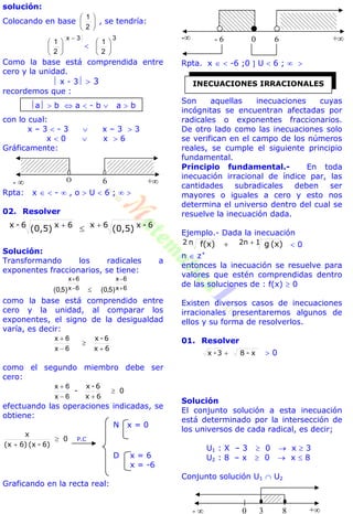 solución:
Colocando en base 





2
1
, se tendría:
3x
2
1








3
2
1






Como la base está comprendida entre
cero y la unidad.
 x - 3  3
recordemos que :
a  b  a  - b  a  b
con lo cual:
x – 3  - 3  x – 3  3
x  0  x  6
Gráficamente:
Rpta: x   -  , o  U  6 ;  
02. Resolver
6x 6-x6-x 6x (0,5)(0,5)  
Solución:
Transformando los radicales a
exponentes fraccionarios, se tiene:
6x
6x
6x
6x
)5,0()5,0( 




como la base está comprendido entre
cero y la unidad, al comparar los
exponentes, el signo de la desigualdad
varía, es decir:
6x
6-x




6x
6x
como el segundo miembro debe ser
cero:
0
6x
6-x
- 


6x
6x
efectuando las operaciones indicadas, se
obtiene:
N x = 0
0
6)-(x6)(x
x


P.C
D x = 6
x = -6
Graficando en la recta real:
Rpta. x   -6 ;0  U  6 ;  
Son aquellas inecuaciones cuyas
incógnitas se encuentran afectadas por
radicales o exponentes fraccionarios.
De otro lado como las inecuaciones solo
se verifican en el campo de los números
reales, se cumple el siguiente principio
fundamental.
Principio fundamental.- En toda
inecuación irracional de índice par, las
cantidades subradicales deben ser
mayores o iguales a cero y esto nos
determina el universo dentro del cual se
resuelve la inecuación dada.
Ejemplo.- Dada la inecuación
(x)gf(x) 12nn2   0
n  z+
entonces la inecuación se resuelve para
valores que estén comprendidas dentro
de las soluciones de : f(x)  0
Existen diversos casos de inecuaciones
irracionales presentaremos algunos de
ellos y su forma de resolverlos.
01. Resolver
x-83-x   0
Solución
El conjunto solución a esta inecuación
está determinado por la intersección de
los universos de cada radical, es decir;
U1 : X – 3  0  x  3
U2 : 8 – x  0  x  8
Conjunto solución U1  U2
+-  O 6
- +6- 6 0
INECUACIONES IRRACIONALES
+-  0 3 8
 