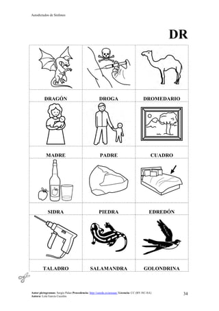 Autodictados de Sinfones
Autor pictogramas: Sergio Palao Procedencia: http://catedu.es/arasaac/ Licencia: CC (BY-NC-SA)
Autora: Lola García Cucalón
34
DR
DRAGÓN DROGA DROMEDARIO
MADRE PADRE CUADRO
SIDRA PIEDRA EDREDÓN
TALADRO SALAMANDRA GOLONDRINA
 