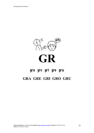 Autodictados de Sinfones
Autor pictogramas: Sergio Palao Procedencia: http://catedu.es/arasaac/ Licencia: CC (BY-NC-SA)
Autora: Lola García Cucalón
55
GR
gra gre gri gro gru
GRA GRE GRI GRO GRU
 