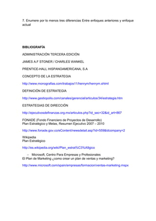 7. Enumere por lo menos tres diferencias Entre enfoques anteriores y enfoque
actual
BIBLIOGRAFÍA
ADMINISTRACIÓN TERCERA EDICIÓN
JAMES A.F STONER / CHARLES WANKEL
PRENTICE-HALL HISPANOAMERICANA, S.A
CONCEPTO DE LA ESTRATEGIA
http://www.monografias.com/trabajos11/henrym/henrym.shtml
DEFINICIÓN DE ESTRATEGIA
http://www.gestiopolis.com/canales/gerencial/articulos/34/estrategia.htm
ESTRATEGIAS DE DIRECCIÓN
http://ejecutivosdefinanzas.org.mx/articulos.php?id_sec=32&id_art=867
FONADE (Fondo Financiero de Proyectos de Desarrollo)
Plan Estratégico y Metas, Resumen Ejecutivo 2007 – 2010
http://www.fonade.gov.co/eContent/newsdetail.asp?id=559&idcompany=2
Wikipedia
Plan Estratégico
http://es.wikipedia.org/wiki/Plan_estrat%C3%A9gico
− Microsoft, Centro Para Empresas y Profesionales
El Plan de Marketing ¿como crear un plan de ventas y marketing?
http://www.microsoft.com/spain/empresas/formacion/ventas-marketing.mspx
 