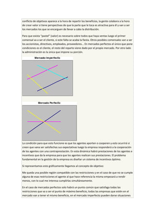 conflicto de objetivos aparece a la hora de repartir los beneficios, la gente colabora a la hora
de crear valor si tiene perspectivas de que la parte que le toca es atractiva para él y van a ser
los mercados los que se encarguen de llevar a cabo la distribución.
Para que exista “pastel” (valor) es necesario sobre todos que haya ventas luego el primer
comensal va a ser el cliente, si este falta se acaba la fiesta. Otros posibles comensales van a ser
los accionistas, directivos, empleados, proveedores... En mercados perfectos el único que pone
condiciones es el cliente, el resto del reparto viene dado por el propio mercado. Por otro lado
la administración es la única que impone su porción.
La condición para que esto funcione es que los agentes aporten o cooperen y esto ocurrirá si
creen que vana ser satisfechas sus expectativas luego la empresa responderá a la cooperación
de los agentes con una contraprestación. En esta dinámica habrá prestaciones de los agentes e
incentivos que da la empresa para que los agentes realicen sus prestaciones. El problema
fundamental en la gestión de la empresa es diseñar un sistema de incentivos óptimo.
Si representamos esto gráficamente llegamos al concepto de objetivo:
Me queda una posible región compatible con las restricciones y en el caso de que no se cumple
alguna de esas restricciones el agente al que hace referencia la misma empezará a rendir
menos, con lo cual me interesa cumplirlas simultáneamente.
En el caso de mercados perfectos solo habrá un punto común que satisfaga todas las
restricciones que va a ser el punto de máximo beneficio, todas las empresas que estén en el
mercado van a tener el mismo beneficio, en el mercado imperfecto pueden darse situaciones
 