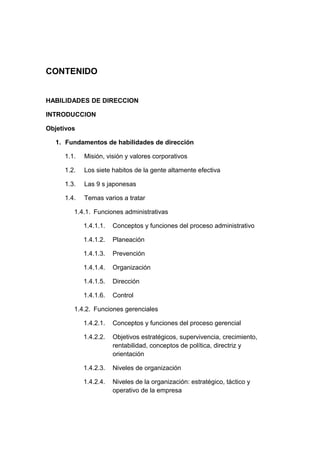 CONTENIDO
HABILIDADES DE DIRECCION
INTRODUCCION
Objetivos
1. Fundamentos de habilidades de dirección
1.1. Misión, visión y valores corporativos
1.2. Los siete habitos de la gente altamente efectiva
1.3. Las 9 s japonesas
1.4. Temas varios a tratar
1.4.1. Funciones administrativas
1.4.1.1. Conceptos y funciones del proceso administrativo
1.4.1.2. Planeación
1.4.1.3. Prevención
1.4.1.4. Organización
1.4.1.5. Dirección
1.4.1.6. Control
1.4.2. Funciones gerenciales
1.4.2.1. Conceptos y funciones del proceso gerencial
1.4.2.2. Objetivos estratégicos, supervivencia, crecimiento,
rentabilidad, conceptos de política, directriz y
orientación
1.4.2.3. Niveles de organización
1.4.2.4. Niveles de la organización: estratégico, táctico y
operativo de la empresa
 