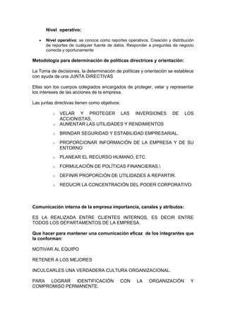 Nivel operativo:
• Nivel operativo: se conoce como reportes operativos. Creación y distribución
de reportes de cualquier fuente de datos. Responder a preguntas de negocio
correcta y oportunamente
Metodología para determinación de políticas directrices y orientación:
La Toma de decisiones, la determinación de políticas y orientación se establece
con ayuda de una JUNTA DIRECTIVAS
Ellas son los cuerpos colegiados encargados de proteger, velar y representar
los intereses de las acciones de la empresa.
Las juntas directivas tienen como objetivos:
o VELAR Y PROTEGER LAS INVERSIONES DE LOS
ACCIONISTAS.
o AUMENTAR LAS UTILIDADES Y RENDIMIENTOS
o BRINDAR SEGURIDAD Y ESTABILIDAD EMPRESARIAL.
o PROPORCIONAR INFORMACIÓN DE LA EMPRESA Y DE SU
ENTORNO
o PLANEAR EL RECURSO HUMANO, ETC.
o FORMULACIÓN DE POLÍTICAS FINANCIERAS.
o DEFINIR PROPORCIÓN DE UTILIDADES A REPARTIR.
o REDUCIR LA CONCENTRACIÓN DEL PODER CORPORATIVO.
Comunicación interna de la empresa importancia, canales y atributos:
ES LA REALIZADA ENTRE CLIENTES INTERNOS, ES DECIR ENTRE
TODOS LOS DEPARTAMENTOS DE LA EMPRESA.
Que hacer para mantener una comunicación eficaz de los integrantes que
la conforman:
MOTIVAR AL EQUIPO
RETENER A LOS MEJORES
INCULCARLES UNA VERDADERA CULTURA ORGANIZACIONAL.
PARA LOGRAR IDENTIFICACIÓN CON LA ORGANIZACIÓN Y
COMPROMISO PERMANENTE.
 