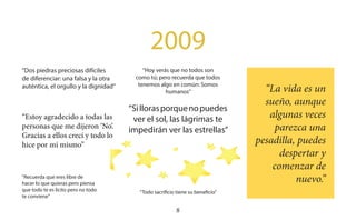 8
2009
“Dos piedras preciosas difíciles
de diferenciar: una falsa y la otra
auténtica, el orgullo y la dignidad”
“Estoy agradecido a todas las
personas que me dijeron ‘No’.
Gracias a ellos crecí y todo lo
hice por mi mismo”
“Hoy verás que no todos son
como tú; pero recuerda que todos
tenemos algo en común: Somos
humanos”
“Sillorasporquenopuedes
ver el sol, las lágrimas te
impedirán ver las estrellas”
“La vida es un
sueño, aunque
algunas veces
parezca una
pesadilla, puedes
despertar y
comenzar de
nuevo.”
“Recuerda que eres libre de
hacer lo que quieras pero piensa
que todo te es lícito pero no todo
te conviene”
“Todo sacrificio tiene su beneficio”
 