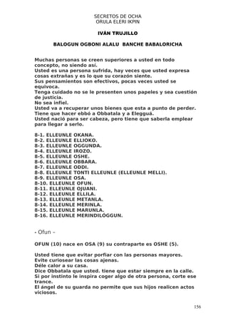 SECRETOS DE OCHA
                        ORULA ELERI IKPIN

                         IVÁN TRUJILLO

       BALOGUN OGBONI ALALU BANCHE BABALORICHA


Muchas personas se creen superiores a usted en todo
concepto, no siendo así.
Usted es una persona sufrida, hay veces que usted expresa
cosas extrañas y es lo que su corazón siente.
Sus pensamientos son efectivos, pocas veces usted se
equivoca.
Tenga cuidado no se le presenten unos papeles y sea cuestión
de justicia.
No sea infiel.
Usted va a recuperar unos bienes que esta a punto de perder.
Tiene que hacer ebbó a Obbatala y a Elegguá.
Usted nació para ser cabeza, pero tiene que saberla emplear
para llegar a serlo.

8-1. ELLEUNLE OKANA.
8-2. ELLEUNLE ELLIOKO.
8-3. ELLEUNLE OGGUNDA.
8-4. ELLEUNLE IROZO.
8-5. ELLEUNLE OSHE.
8-6. ELLEUNLE OBBARA.
8-7. ELLEUNLE ODDI.
8-8. ELLEUNLE TONTI ELLEUNLE (ELLEUNLE MELLI).
8-9. ELLEUNLE OSA.
8-10. ELLEUNLE OFUN.
8-11. ELLEUNLE OJUANI.
8-12. ELLEUNLE ELLILA.
8-13. ELLEUNLE METANLA.
8-14. ELLEUNLE MERINLA.
8-15. ELLEUNLE MARUNLA.
8-16. ELLEUNLE MERINDILÓGGUN.


- Ofun –

OFUN (10) nace en OSA (9) su contraparte es OSHE (5).

Usted tiene que evitar porfiar con las personas mayores.
Evite curiosear las cosas ajenas.
Déle calor a su casa.
Dice Obbatala que usted. tiene que estar siempre en la calle.
Si por instinto le inspira coger algo de otra persona, corte ese
trance.
El ángel de su guarda no permite que sus hijos realicen actos
viciosos.


                                                               156
 