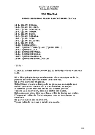 SECRETOS DE OCHA
                        ORULA ELERI IKPIN

                        IVÁN TRUJILLO

         BALOGUN OGBONI ALALU BANCHE BABALORICHA


11-1. OJUANI OKANA.
11-2. OJUANI ELLIOKO.
11-3. OJUANI OGGUNDA.
11-4. OJUANI IROZO.
11-5. OJUANI OSHE.
11-6. OJUANI OBBARA.
11-7. OJUANI ODDI.
11-8. OJUANI ELLEUNLE.
11-9. OJUANI OSA.
11-10. OJUANI OFUN.
11-11. OJUANI TONTI OJUANI (OJUANI MELLI).
11-12. OJUANI ELLILA.
11-13. OJUANI METANLA.
11-14. OJUANI MERINLA.
11-15. OJUANI MARUNLA.
11-16. OJUANI MERINDILÓGGUN.


- Ellila –

ELLILA (12) nace en OGGUNDA (3) su contraparte es METANLA
(13).

Dice Shangó que tenga cuidado con el consejo que se le da,
porque el a sus hijos les habla una sola vez.
No porfíe en tener ahijados.
Usted tiene enemigo dentro de su casa que comparte con
usted, puede ser su marido y si es hombre, su mujer.
A usted le pasan muchas cosas por querer porfiar.
Todo le va a salir bien, pero no porfíe con nadie.
Hablando por bien, dice que llego el fin de todos sus males.
Póngase el collar de Obbatala para que se le aplaque la
soberbia.
No parta nunca por la primera.
Tenga cuidado no vaya a sufrir una caída.




                                                               160
 