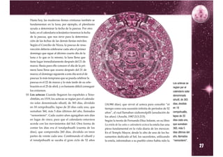 Hasta hoy, las modernas fiestas cristianas también se
    fundamentan en la luna; por ejemplo, el plenilunio
    ayuda a determinar la fecha de la pascua. Por otro
    lado, en el calendario eclesiástico tenemos la fecha
    de la pascua, que nos sirve para la determina-
    ción de las fechas de las demás fiestas móviles.
    Según el Concilio de Nicea, la pascua de resu-
    rrección debería celebrarse cada año el primer
    domingo que sigue al décimo cuarto día de la
    luna o lo que es lo mismo, la luna llena que
    tiene lugar inmediatamente después del 21 de
    marzo. Basta para ello conocer el día de la pri-
    mera luna llena que ocurra después del 21 de
    marzo; el domingo siguiente a este día será el de
    pascua: lo más temprano que se pueda celebrar la
    pascua es el 22 de marzo y lo más tarde de su cele-                                                                         Los aztecas se
    bración es el 25 de abril, y es bastante difícil conseguir                                                                  regían por el
    los extremos.                                                                                                               calendario solar
10. Los aztecas: Cuando llegaron los españoles a Teno-                                                                          denominado
    chtitlán, en 1519, los aztecas se regían por el calenda-                                                                    sihuitl, de 365
    rio solar denominado sihuitl, de 365 días, dividido
                                                                 (18,980 días), que sirvió al azteca para concebir “el          días, dividido
    en 18 cempohuallis, lapso de 20 días cada uno, que
                                                                 tiempo como una sucesión infinita de períodos de 52            en 18
    sumaban 360, más 5 días últimos del año, llamados            años”, al cual llamaban xiuhomolpilli (anudación de            cempohuallis,
    “nemontemi”. Cada cuatro años agregaban seis días            los años). (Arochi, 1987:213-215).                             lapso de 20
    en lugar de cinco, para que el calendario estuviera          Según la teoría de Fernando Díaz Infante, en su libro          días cada uno,
    acorde con los movimientos del Sol. Otra forma de            La estela de los soles o calendario azteca la estela fue una   que sumaban
    contar los días era el tonalpohualli (cuenta de los          pieza fundamental en la vida diaria de los mexicas.            360, más 5
    días), que comprendía 260 días, dividido en trece            En el Templo Mayor, desde lo alto de uno de los ba-            días últimos del
    partes de veinte cada una. Combinando el xihuitl y           samentos dedicado al Sol, los sacerdotes, utilizando           año, llamados
    el tonalpohualli se sacaba el gran ciclo de 52 años          la estela, informaban a su pueblo cómo había sido la

                                                                                                                                                   27
                                                                                                                                “nemontemi”.
 