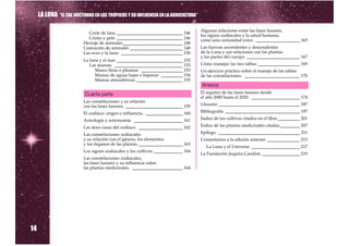 LA LUNA “EL SOL NOCTURNO EN LOS TRÓPICOS Y SU INFLUENCIA EN LA AGRICULTURA”

                                                                                    Algunas relaciones entre las fases lunares,
                            Corte de lana ______________________________ 146
                                                                                    los signos zodiacales y la salud humana,
                            Crines y pelo ______________________________ 146        como una curiosidad extra. ____________________ 165
                          Herraje de animales ___________________________ 148
                          Castración de animales ________________________ 148       Las fuerzas ascendentes y descendentes
                          Las aves y la luna. ____________________________ 150      de la Luna y sus relaciones con las plantas
                                                                                    y las partes del cuerpo. ________________________ 167
                          La luna y el mar ______________________________ 153
                             Las mareas: _______________________________ 153        Cómo manejar las tres tablas ___________________ 169
                                Marea llena o pleamar ___________________ 153       Un ejercicio práctico sobre el manejo de las tablas
                                Mareas de aguas bajas o bajamar __________ 154      de las constelaciones. _________________________ 170
                                Mareas atmosféricas. _____________________ 155
                                                                                    Anexos
                                                                                    El registro de las fases lunares desde
                                                                                    el año 2000 hasta el 2020. ______________________ 174
                           Cuarta parte
                          Las constelaciones y su relación
                          con las fases lunares. __________________________ 159     Glosario _____________________________________ 187

                          El zodíaco: origen e influencia. _________________ 160    Bibliografía __________________________________ 197

                          Astrología y astronomía. ______________________ 161       Índice de los cultivos citados en el libro __________ 201

                          Las doce casas del zodíaco. ____________________ 162      Índice de las plantas medicinales citadas _________ 207

                          Las constelaciones zodiacales                             Epílogo _____________________________________ 211
                          y su relación con el género, los elementos                Comentarios a la edición anterior _______________ 213
                          y los órganos de las plantas. ____________________ 163
                                                                                       La Luna y el Universo ______________________ 217
                          Los signos zodiacales y los cultivos. _____________ 164
                                                                                    La Fundación Juquira Candirú _________________ 219
                          Las constelaciones zodiacales,
                          las fases lunares y su influencia sobre
                          las plantas medicinales. _______________________ 164




14
 