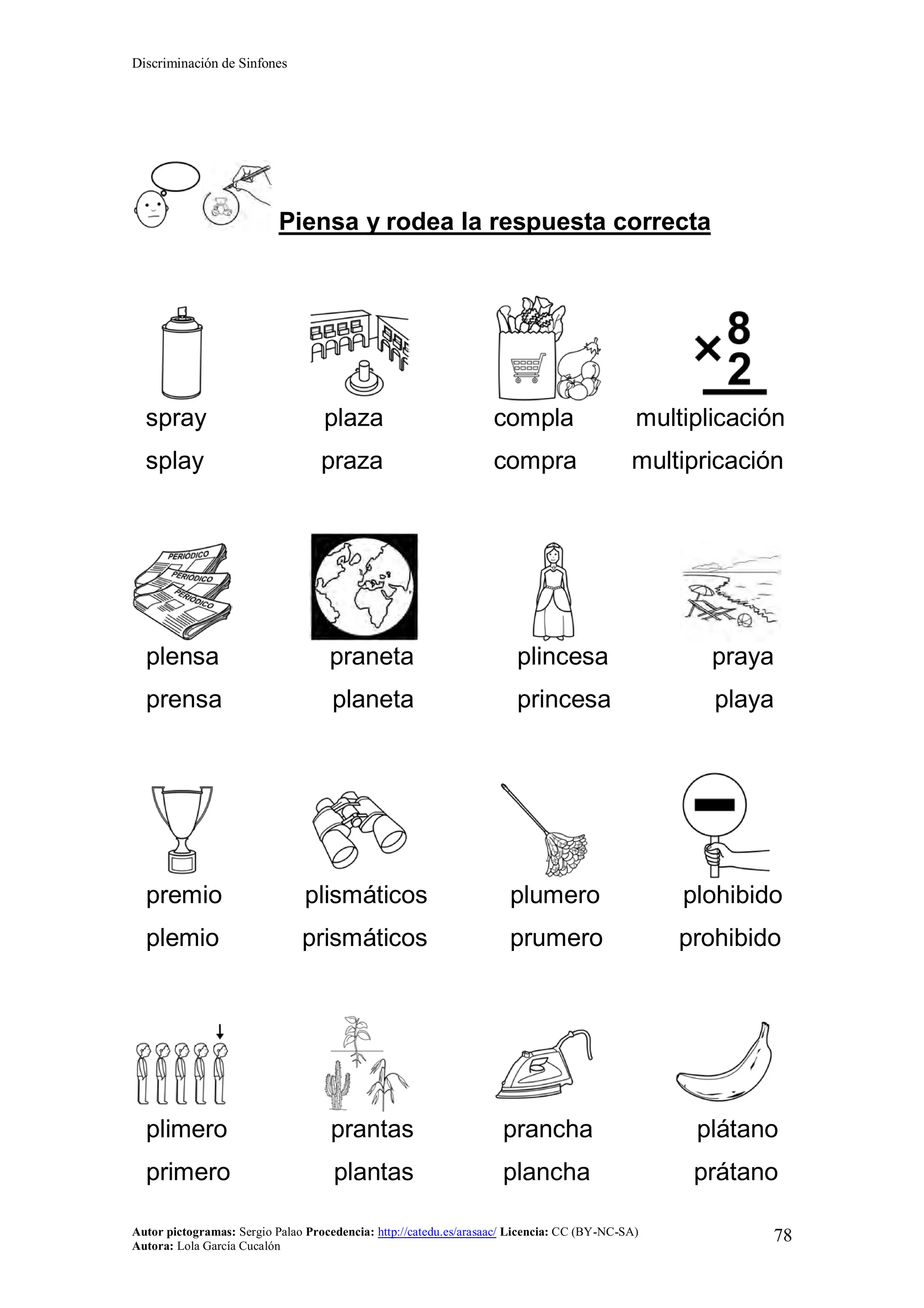 Discriminación de Sinfones
Autor pictogramas: Sergio Palao Procedencia: http://catedu.es/arasaac/ Licencia: CC (BY-NC-SA)
Autora: Lola García Cucalón
78
Piensa y rodea la respuesta correcta
spray plaza compla multiplicación
splay praza compra multipricación
plensa praneta plincesa praya
prensa planeta princesa playa
premio plismáticos plumero plohibido
plemio prismáticos prumero prohibido
plimero prantas prancha plátano
primero plantas plancha prátano
 