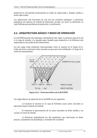 Tema 6.- Red Self Organizing Map y Red Counterpropagation 
predicción la red aprende primeramente en modo no supervisado y después cambia a 
modo supervisado. 
Las aplicaciones más frecuentes de esta red son visualizar topologías y estructuras 
jerárquicas de espacios de entrada de dimensión elevada, así como su utilización en 
redes híbridas para problemas de predicción y clasificación. 
6.2.- ARQUITECTURA BÁSICA Y MODO DE OPERACIÓN 
La red SOM presenta una topología constituida por dos capas. La primera capa de la red 
es la capa de entrada, y la segunda capa, llamada capa competitiva o de Kohonen está 
organizada en una rejilla de dos dimensiones. 
Las dos capas están totalmente interconectadas como se muestra en la Figura (6.1). 
Cada una de las conexiones tiene asociado un peso que será modificado a lo largo de la 
sesión de entrenamiento. 
Figura (6.1) - Estructura básica de la Red SOM. 
Las reglas básicas de operación de la red SOM son las siguientes: 
a) Localizar la neurona en la capa de Kohonen cuyos pesos asociados se 
aproximen mejor al patrón de entrada. 
b) Aumentar la aproximación de los pesos asociados de dicha unidad y sus 
vecinas al vector de entrada. 
c) Disminuir gradualmente los dos parámetros que intervienen en dicho 
proceso, el parámetro de aprendizaje y el tamaño del vecindario. 
Curso: Redes Neuronales Artificiales y sus Aplicaciones © Xabier Basogain Olabe 3 6 
 