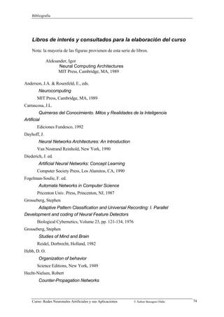 Bibliografía 
Libros de interés y consultados para la elaboración del curso 
Nota: la mayoría de las figuras provienen de esta serie de libros. 
Aleksander, Igor 
Neural Computing Architectures 
MIT Press, Cambridge, MA, 1989 
Anderson, J.A.  Rosenfeld, E., eds. 
Neurocomputing 
MIT Press, Cambridge, MA, 1989 
Carrascosa, J.L. 
Quimeras del Conocimiento. Mitos y Realidades de la Inteligencia 
Artificial 
Ediciones Fundesco, 1992 
Dayhoff, J. 
Neural Networks Architectures: An Introduction 
Van Nostrand Reinhold, New York, 1990 
Diederich, J. ed. 
Artificial Neural Networks: Concept Learning 
Computer Society Press, Los Alamitos, CA, 1990 
Fogelman-Soulie, F. ed. 
Automata Networks in Computer Science 
Pricenton Univ. Press, Princenton, NJ, 1987 
Grosseberg, Stephen 
Adaptive Pattern Classification and Universal Recording: I. Parallel 
Development and coding of Neural Feature Detectors 
Biological Cybernetics, Volume 23, pp. 121-134, 1976 
Grosseberg, Stephen 
Studies of Mind and Brain 
Reidel, Dorbrecht, Holland, 1982 
Hebb, D. O. 
Organization of behavior 
Science Editions, New York, 1949 
Hecht-Nielsen, Robert 
Counter-Propagation Networks 
Curso: Redes Neuronales Artificiales y sus Aplicaciones © Xabier Basogain Olabe 74 
 